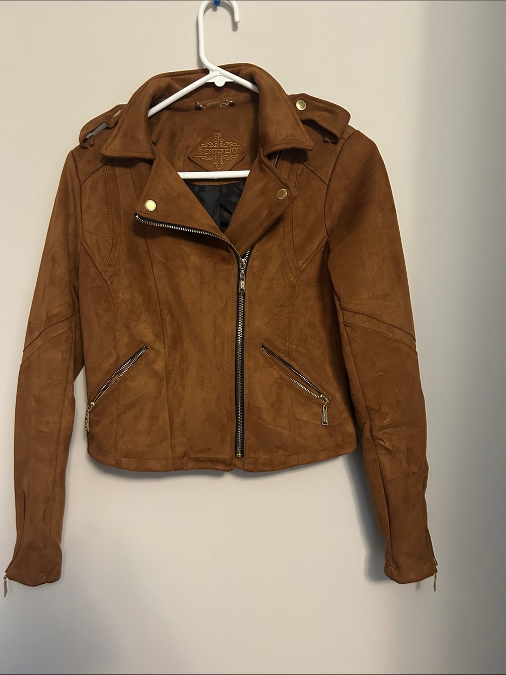 JouJou Faux Suede Moto Jacket in Cognac goldtone zips/snaps like new size small